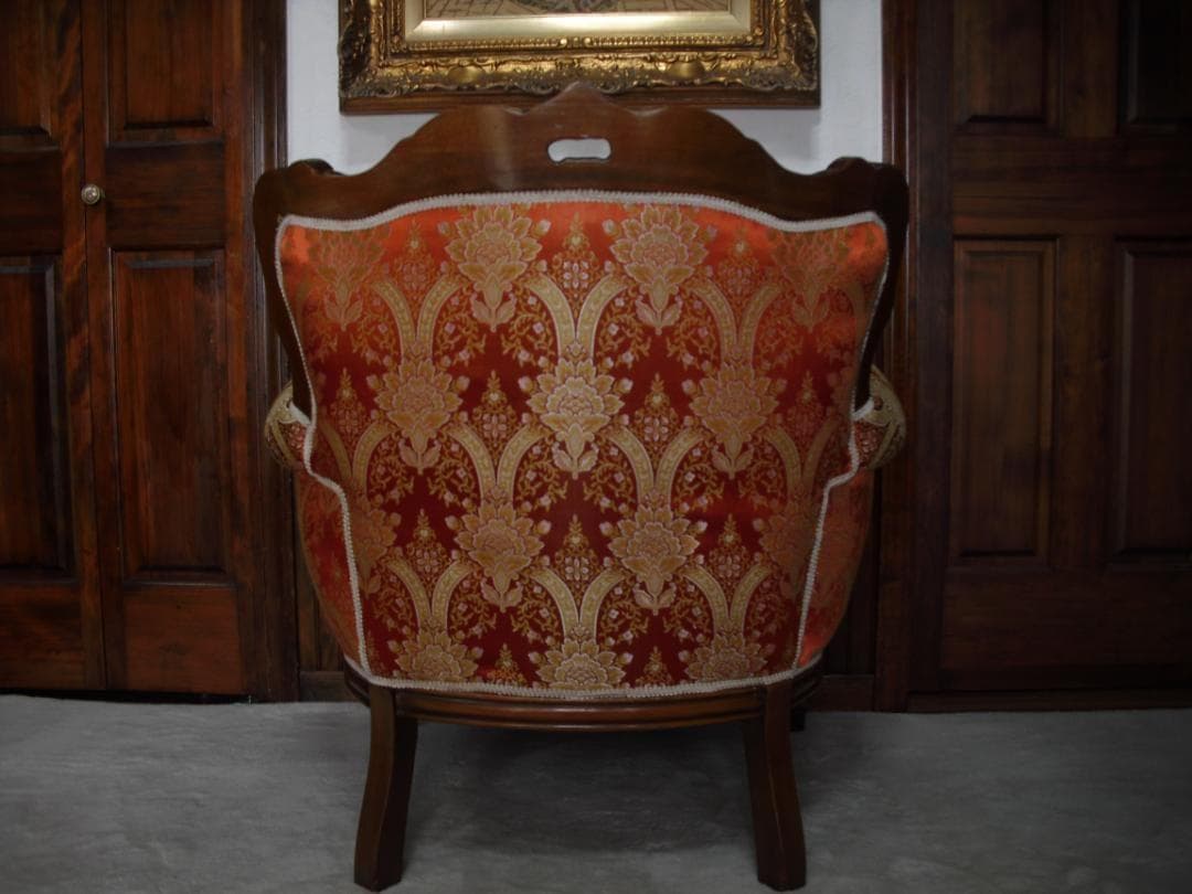 イタリア製 ロココ様式 １Pソファ☆金糸 薔薇 ダマスク柄 張替済み☆猫脚 彫刻