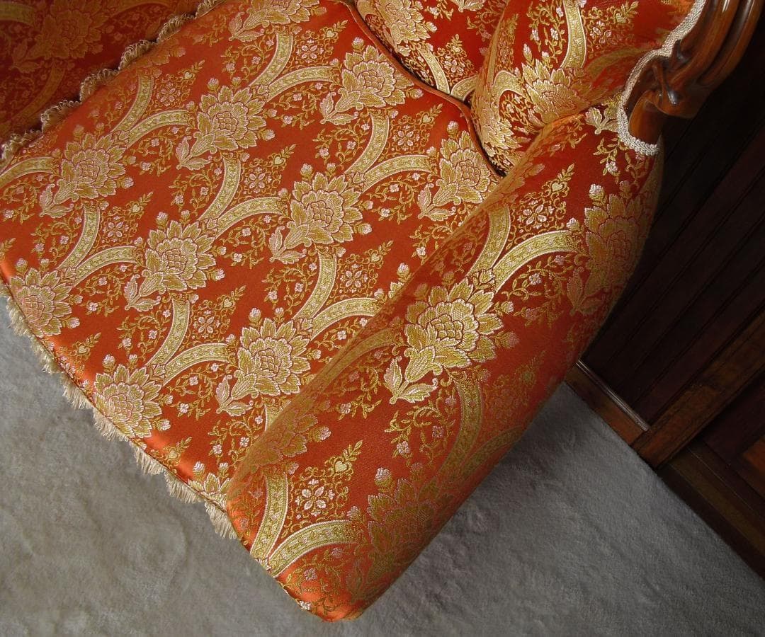 イタリア製 ロココ様式 １Pソファ☆金糸 薔薇 ダマスク柄 張替済み☆猫脚 彫刻