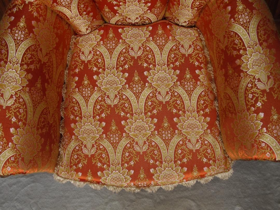 イタリア製 ロココ様式 １Pソファ☆金糸 薔薇 ダマスク柄 張替済み☆猫脚 彫刻