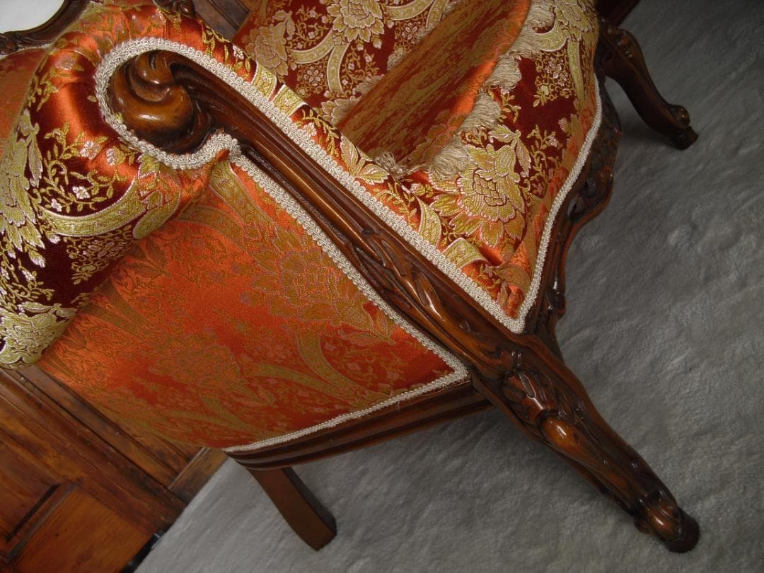 イタリア製 ロココ様式 １Pソファ☆金糸 薔薇 ダマスク柄 張替済み☆猫脚 彫刻