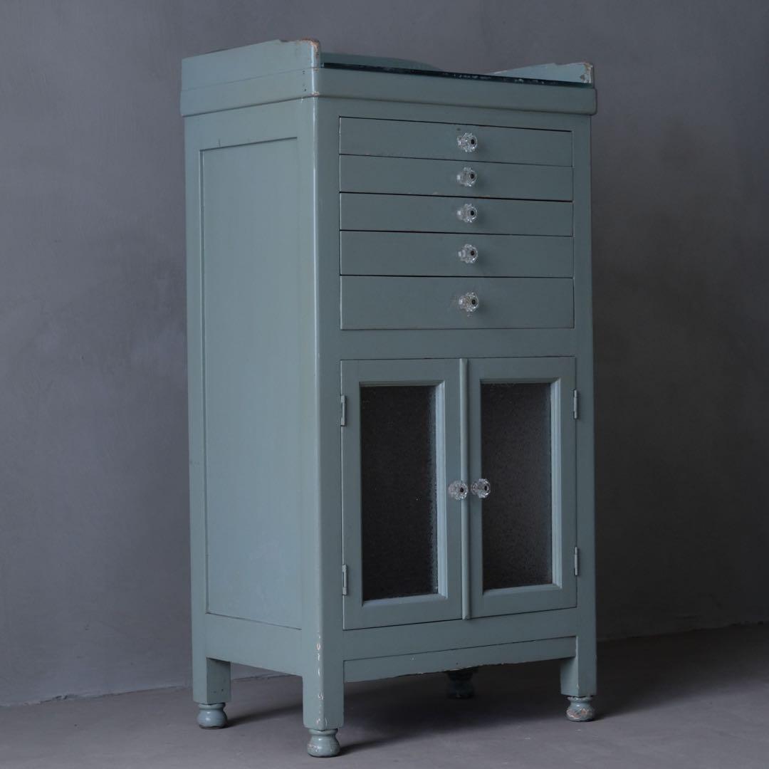 ガラストップデンタルキャビネット　昭和レトロ ケビント 医療棚 収納棚 古家具