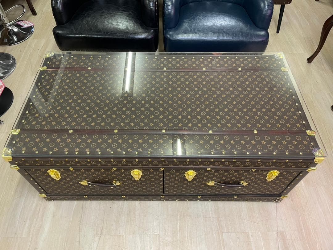 センターテーブル　モノグラム　トランク　テーブル　ガラス天板　引出し　収納　BR