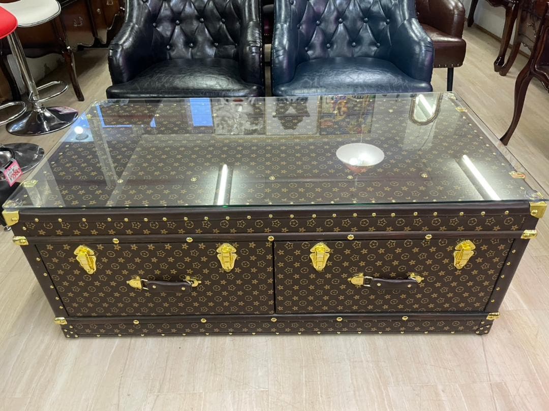 センターテーブル　モノグラム　トランク　テーブル　ガラス天板　引出し　収納　BR