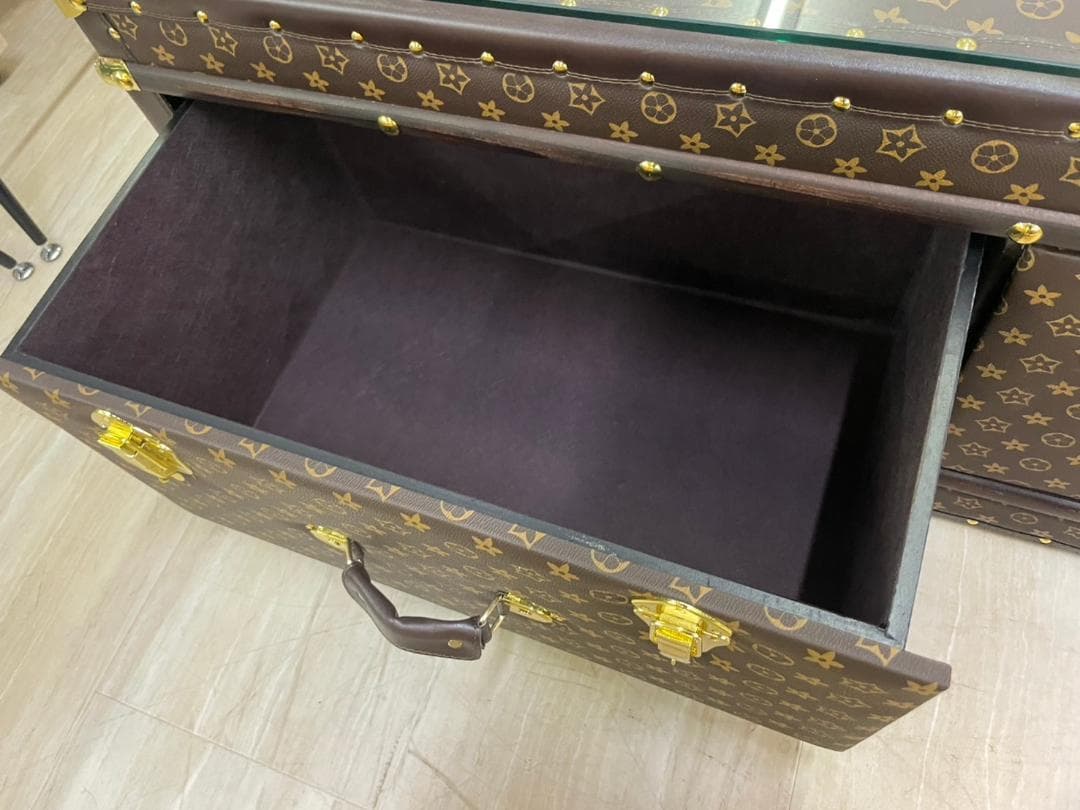 センターテーブル　モノグラム　トランク　テーブル　ガラス天板　引出し　収納　BR