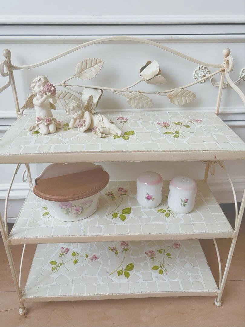 シェルフ 棚 ラック ホワイト 薔薇 ローズ バラ アイアン 鉄 姫系 ロココ