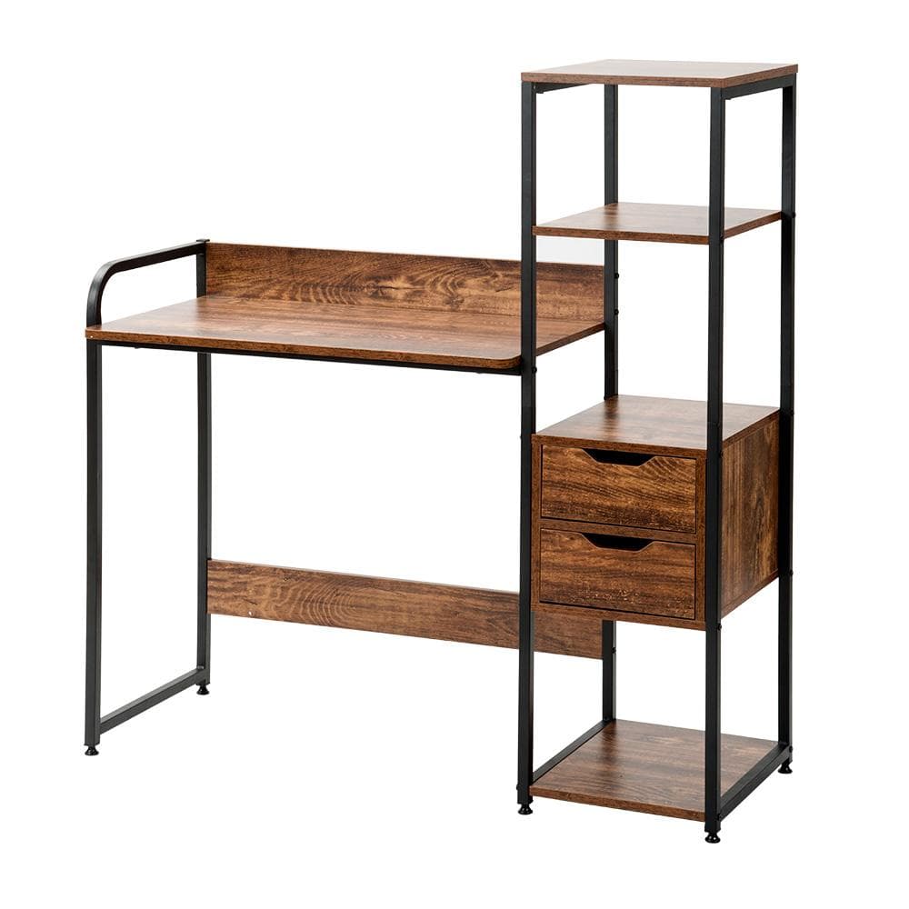 【ダークブラウン】パソコンデスク 引き出し付き 3段シェルフ付 学習机