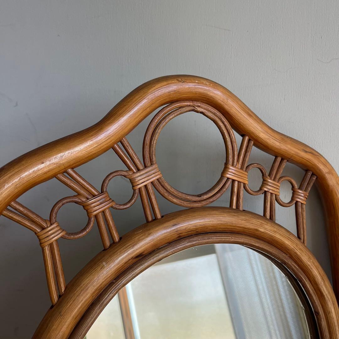 ヴィンテージ ラタン 籐 ウォールミラー 鏡 昭和レトロ