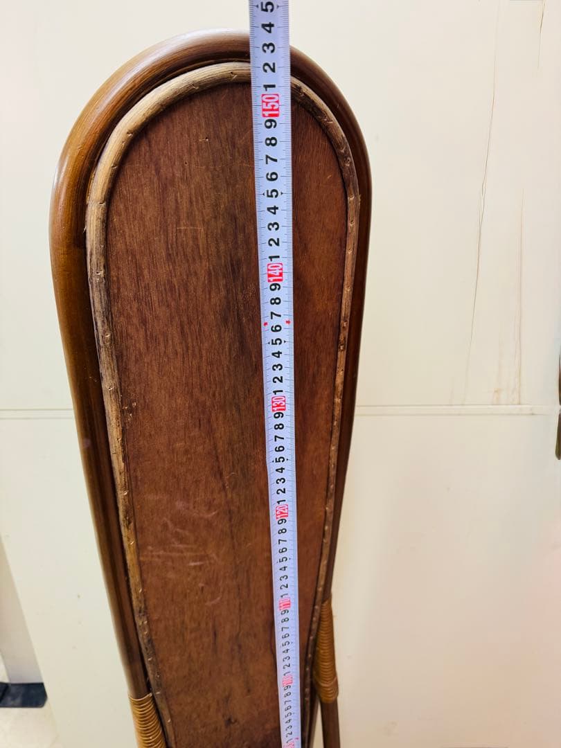 ラタン風スタンドミラー スリッパフック付き 昭和レトロ アンティーク カガミ 鏡