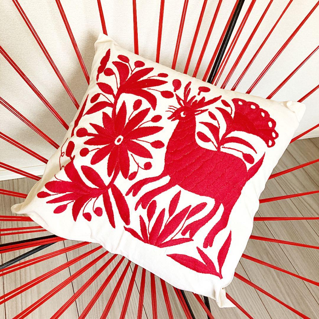 新品＊クッションカバー＊オトミ刺繍＊赤＊レッド＊動物＊花＊植物＊メキシコ雑貨