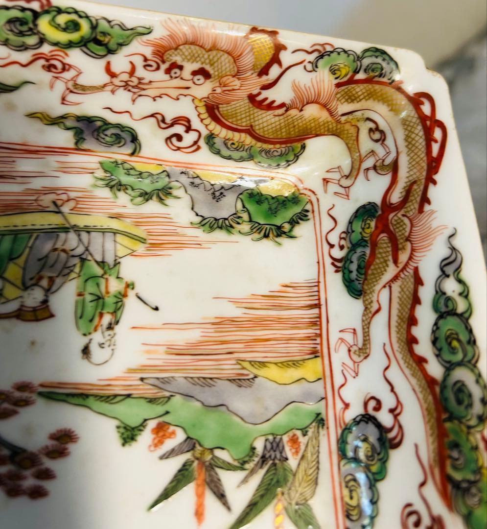 中国古玩南京赤絵角皿幅約14cm