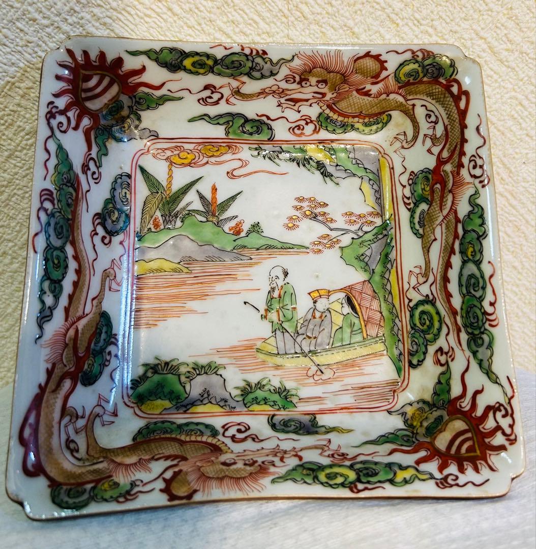 中国古玩南京赤絵角皿幅約14cm