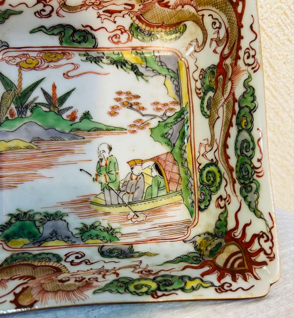 中国古玩南京赤絵角皿幅約14cm