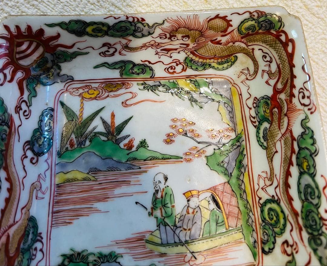 中国古玩南京赤絵角皿幅約14cm