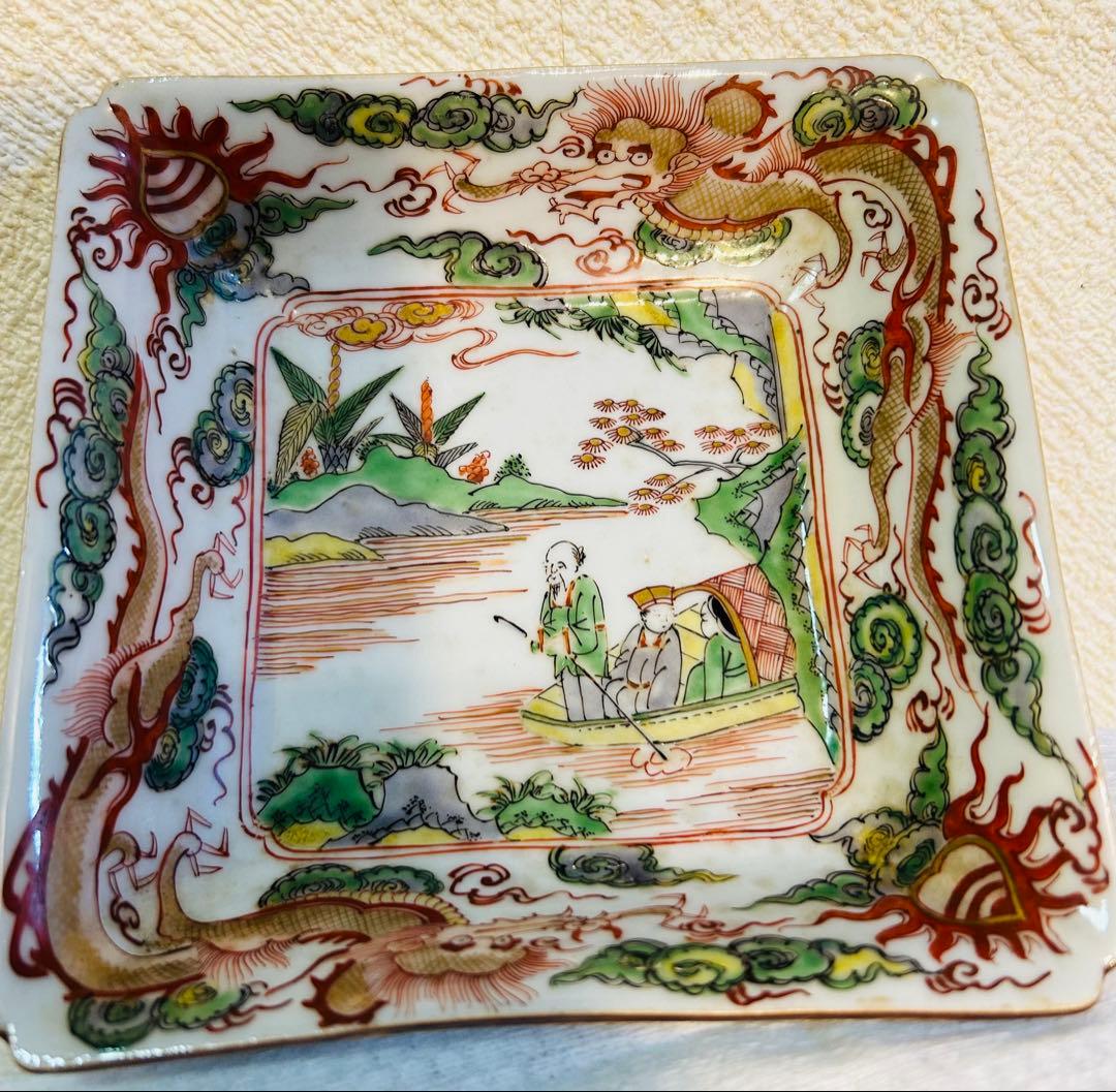 中国古玩南京赤絵角皿幅約14cm