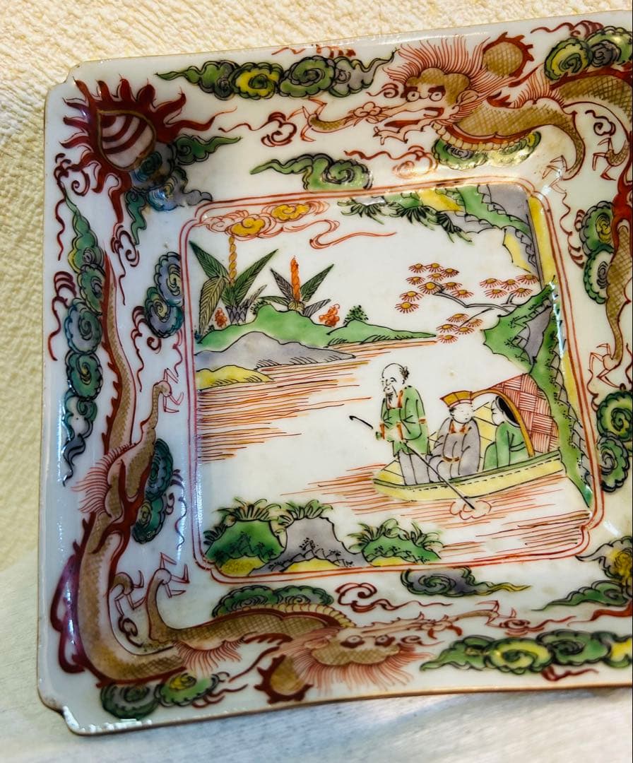 中国古玩南京赤絵角皿幅約14cm