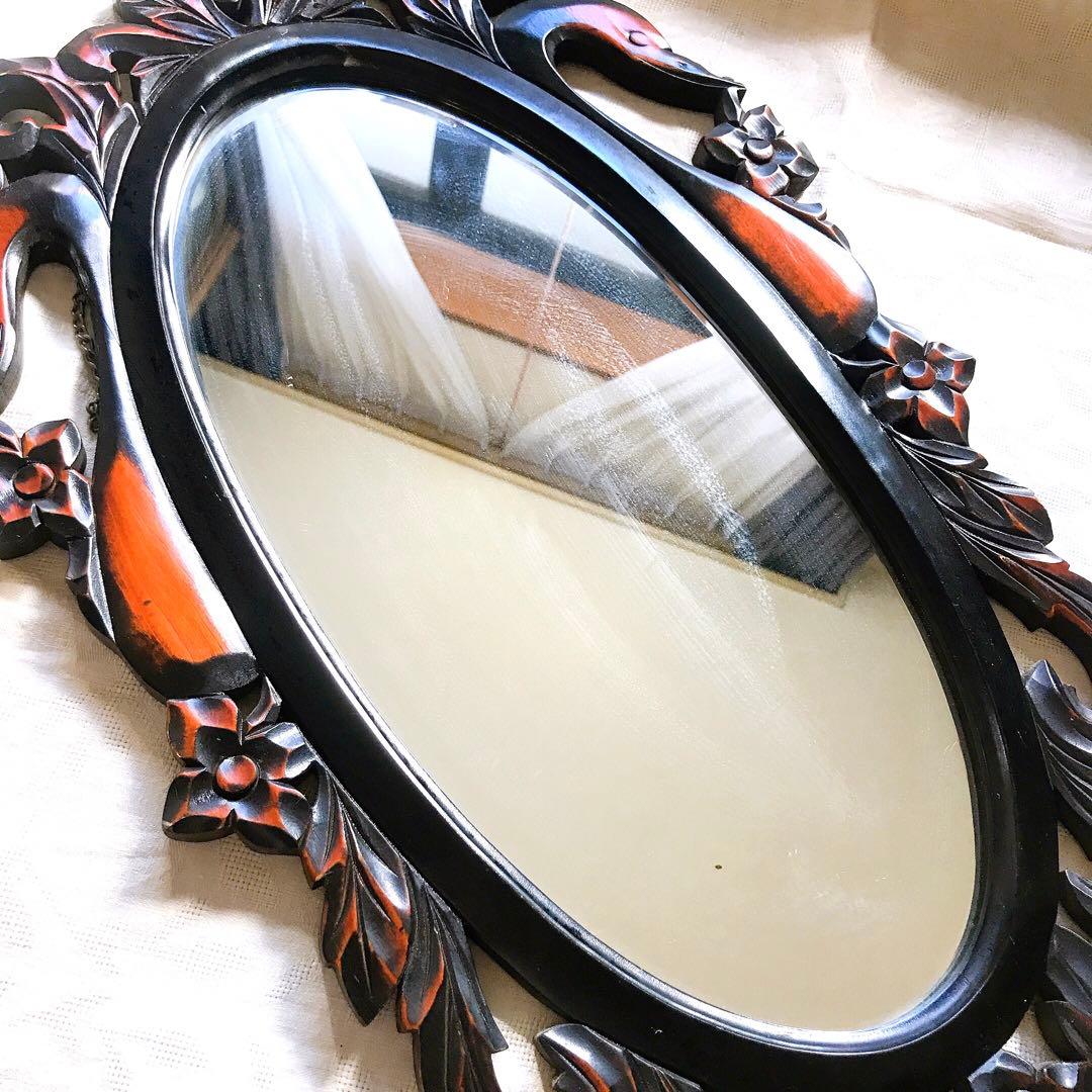 壁掛け式　鏡　木製　アンティーク　レトロ　鶴モチーフ