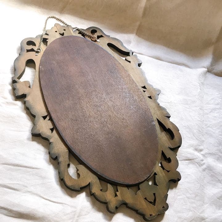 壁掛け式　鏡　木製　アンティーク　レトロ　鶴モチーフ