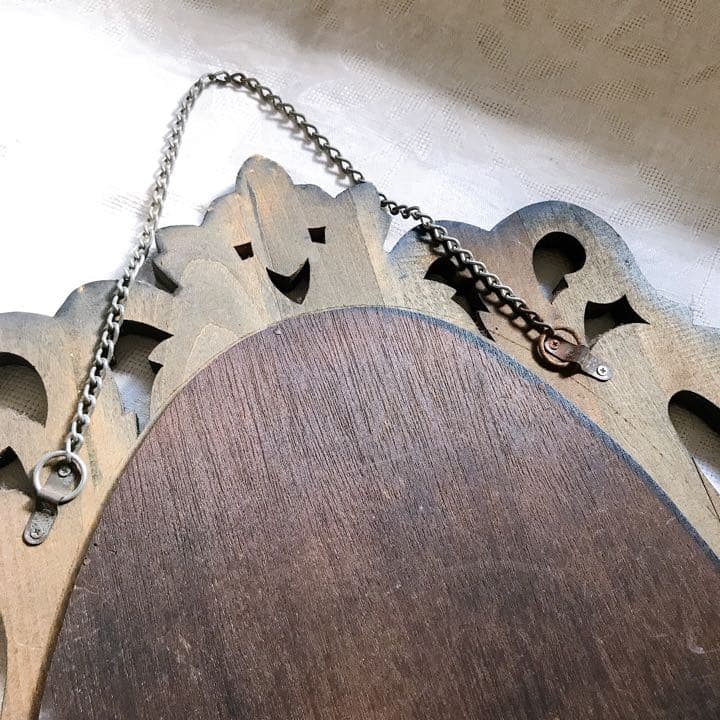 壁掛け式　鏡　木製　アンティーク　レトロ　鶴モチーフ