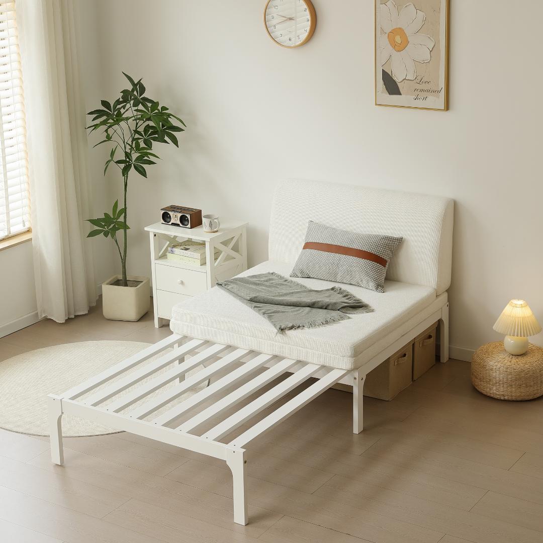 天然木製 伸長式ベッド ベッドフレーム 伸縮 下収納 おしゃれ WHITE