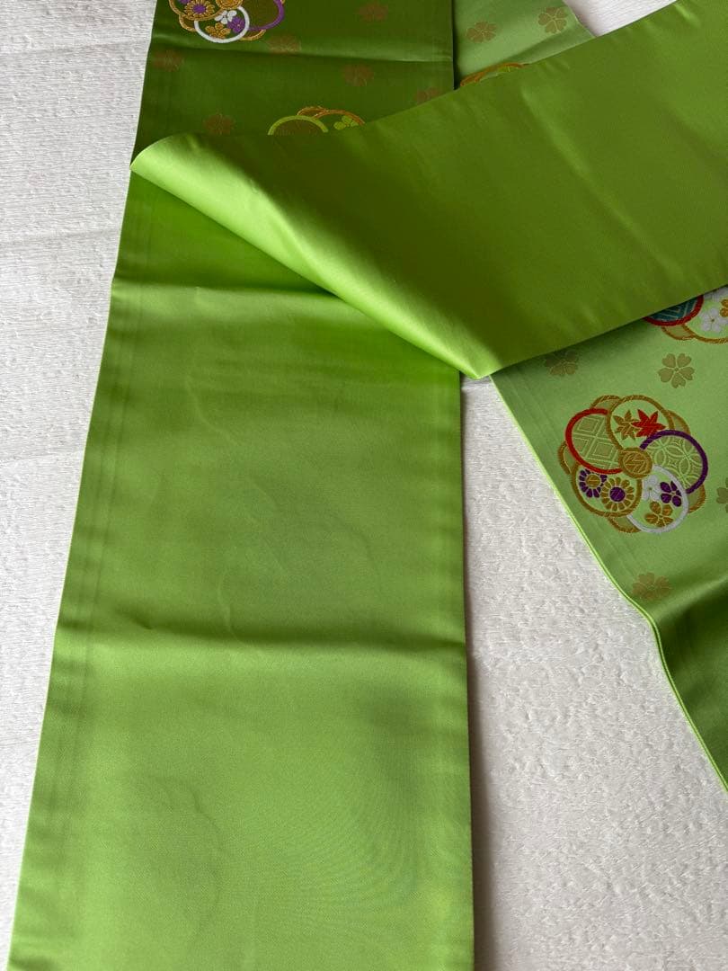 七五三に★逸品　西陣織　正絹ひわ色に捻り梅　袋帯　子供用　ジュニア