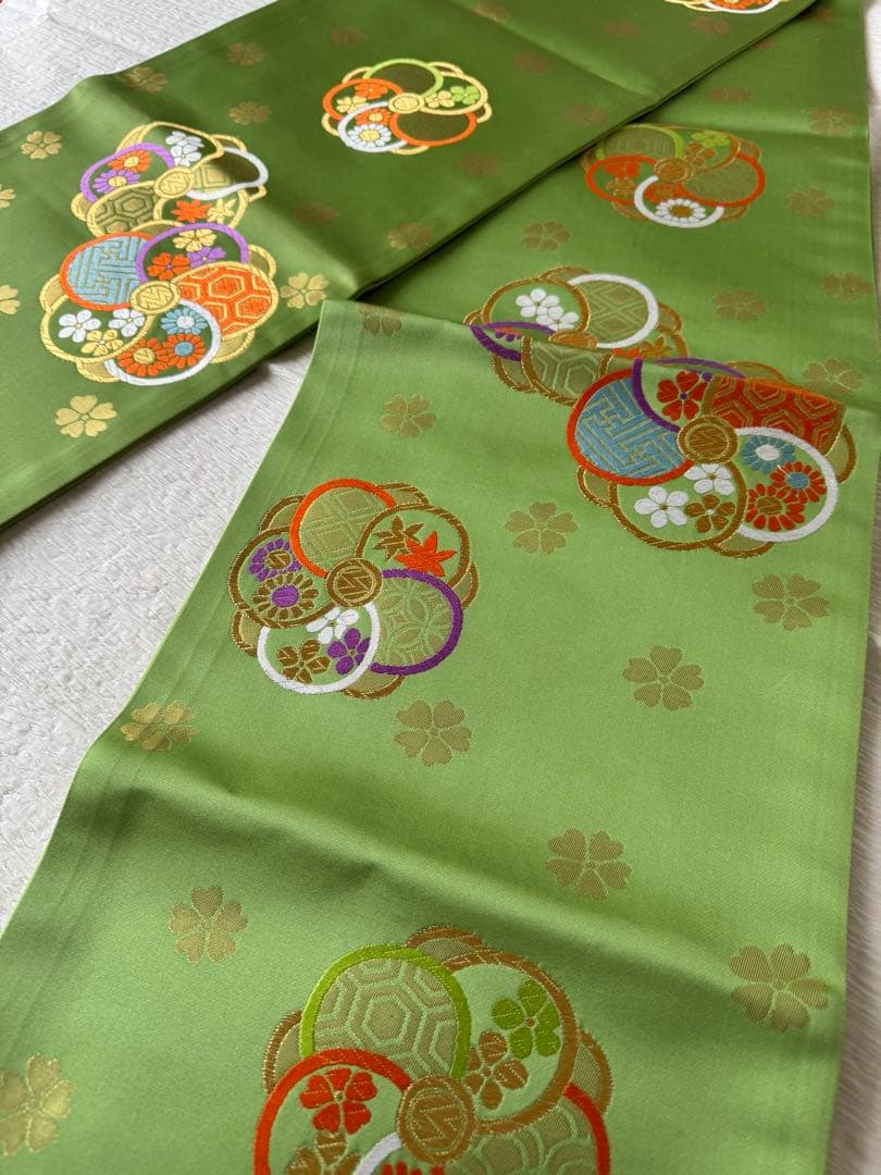 七五三に★逸品　西陣織　正絹ひわ色に捻り梅　袋帯　子供用　ジュニア