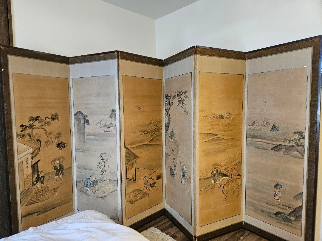 東洋洋 耕図 屏風 六曲一双 紙本肉筆 法眼東洋 人物図 日本