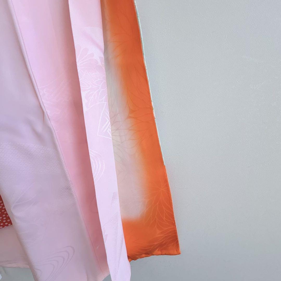 フルセット 七五三 7歳女の子 きもの　オレンジ色　牡丹　小物セット