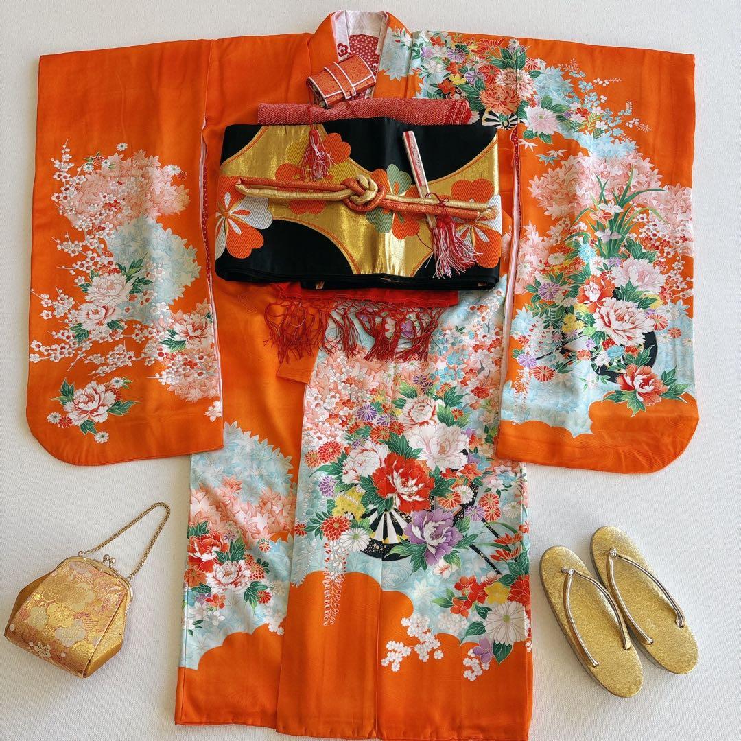 フルセット 七五三 7歳女の子 きもの　オレンジ色　牡丹　小物セット