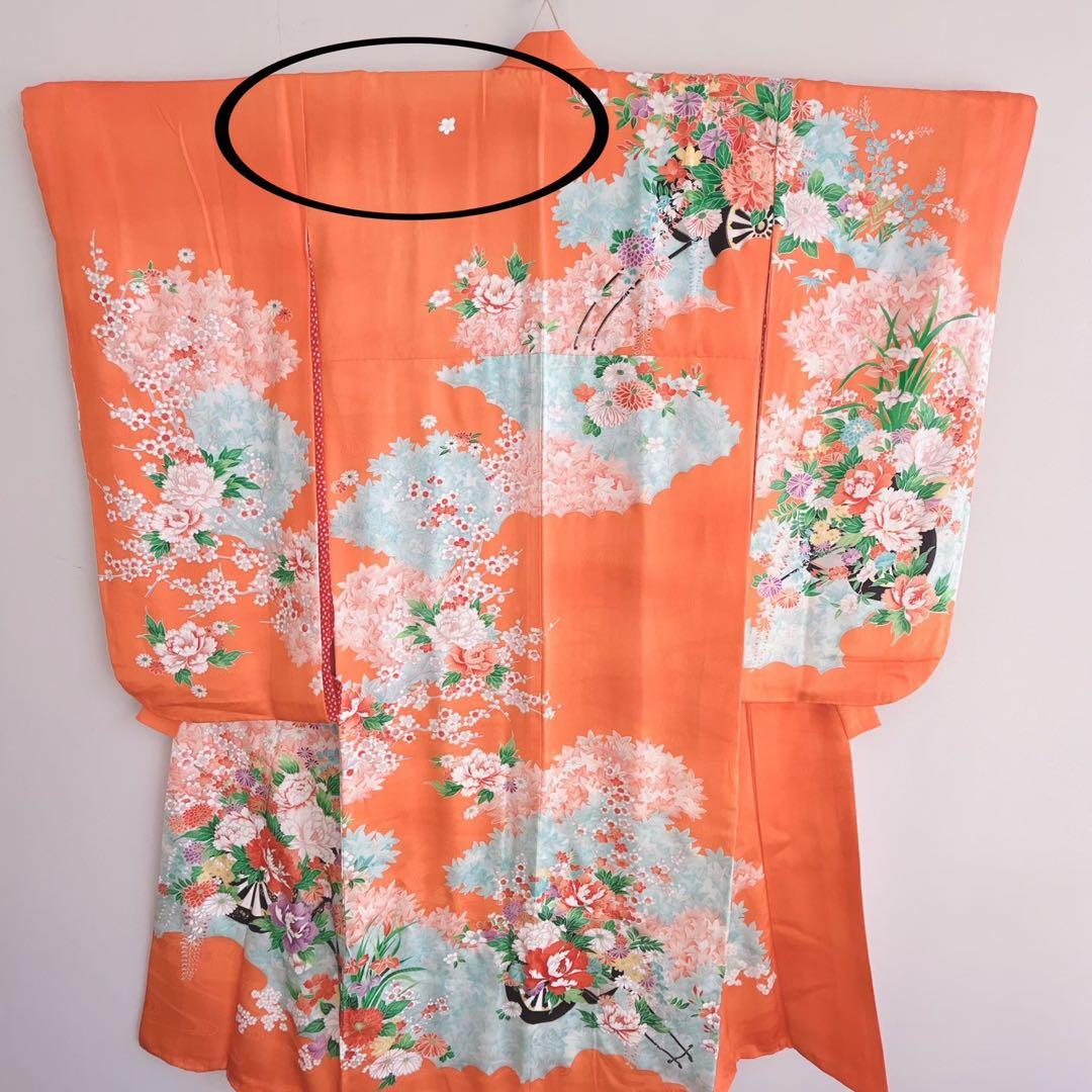 フルセット 七五三 7歳女の子 きもの　オレンジ色　牡丹　小物セット