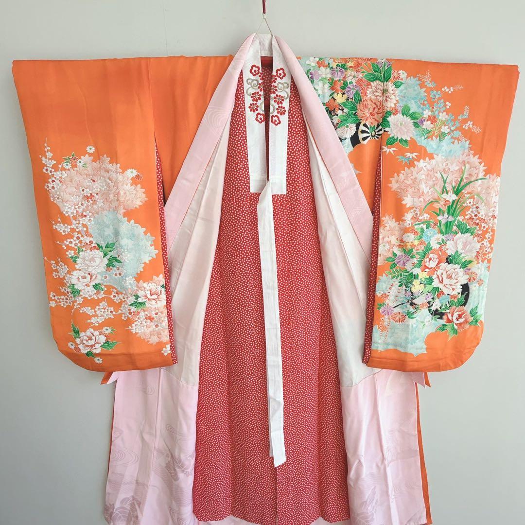 フルセット 七五三 7歳女の子 きもの　オレンジ色　牡丹　小物セット