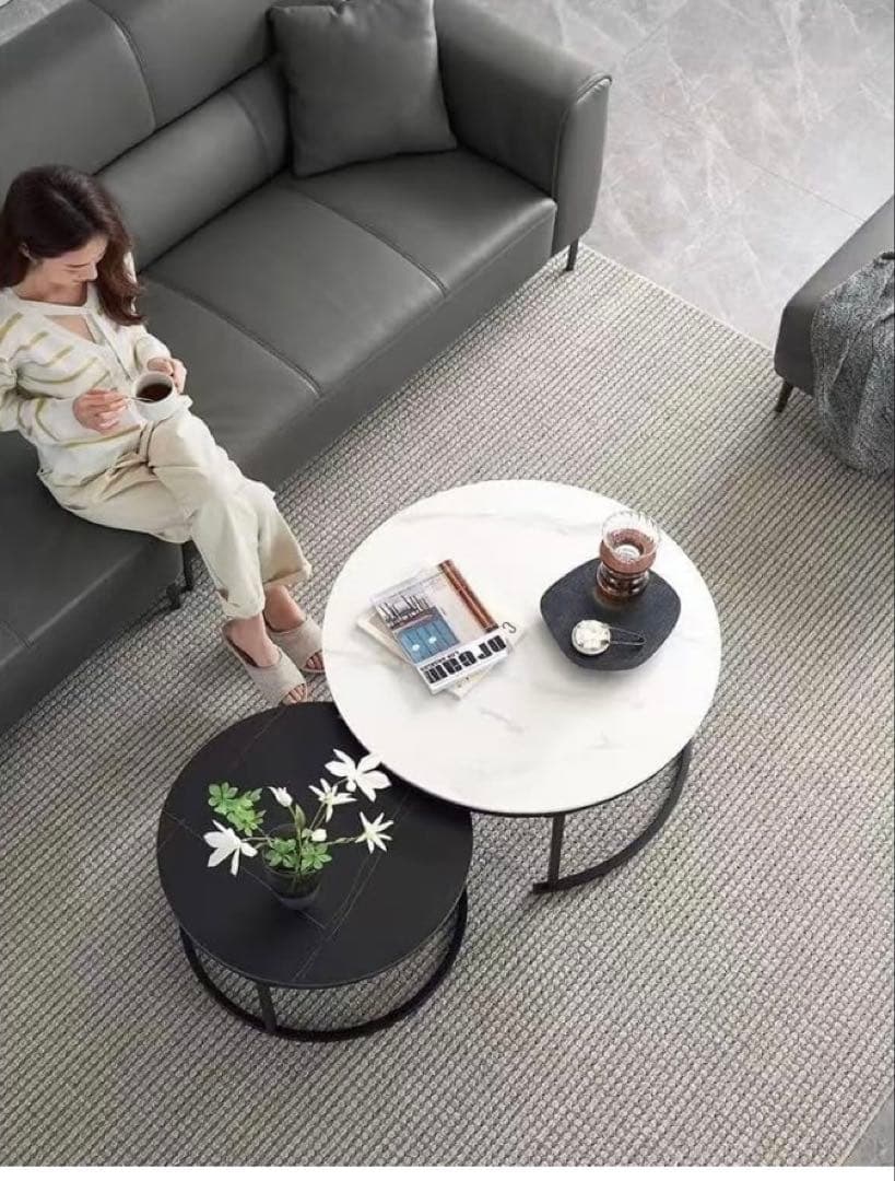 新品 ネストテーブル 大理石柄 幅45+60cm センターテーブル 2個セット