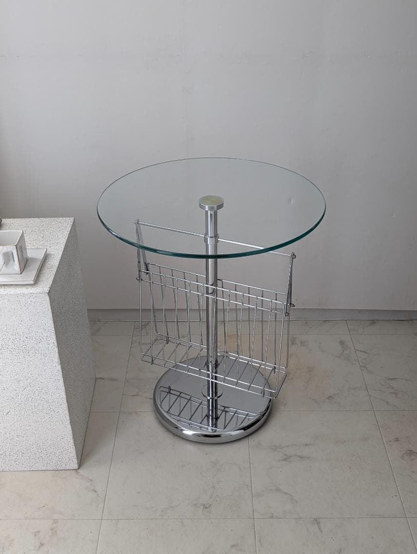 ガラス×クローム サイドテーブル マガジンラック付き ビンテージ Y2K ポップ