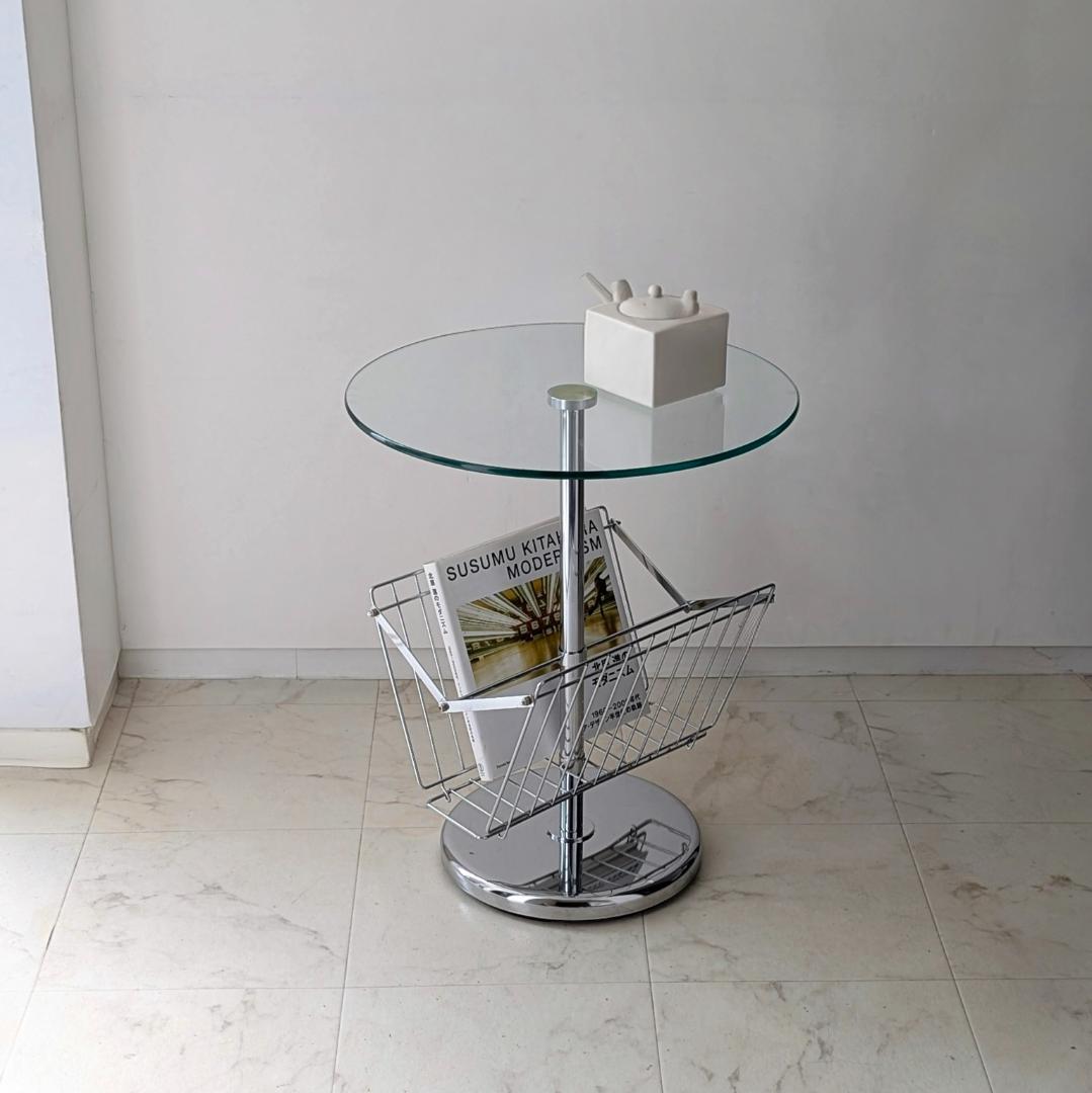 ガラス×クローム サイドテーブル マガジンラック付き ビンテージ Y2K ポップ