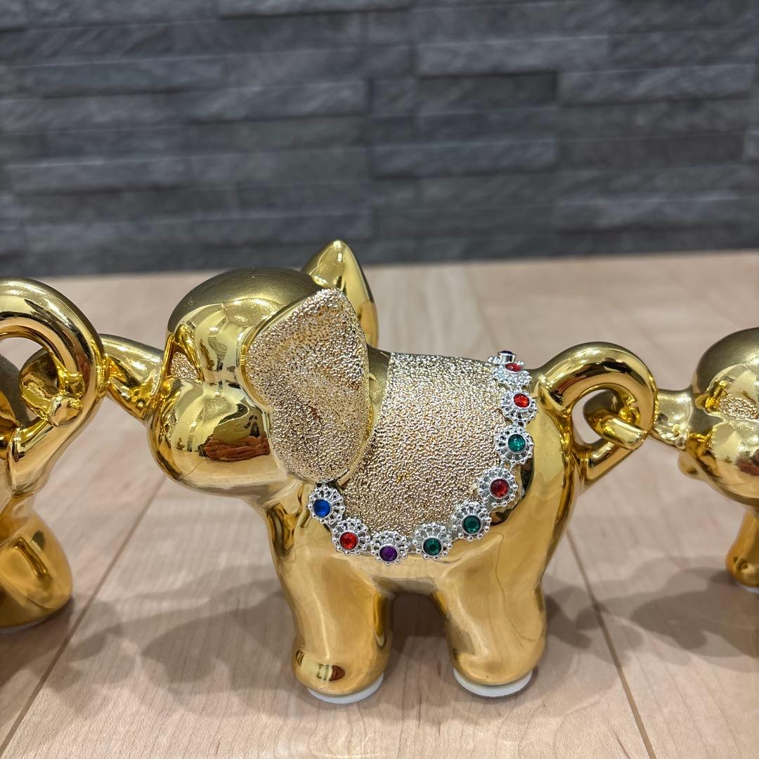 金色のゾウの置物　親子3個セット　インテリア