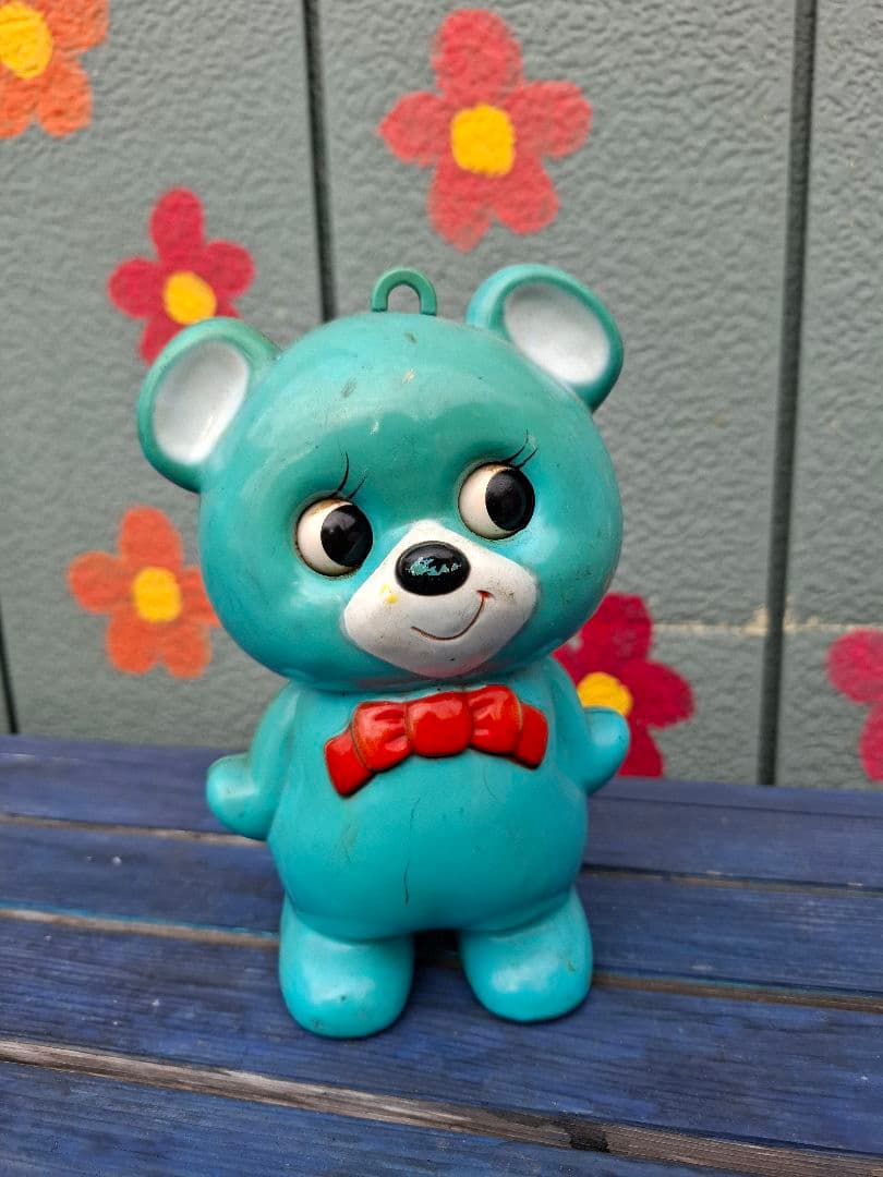 昭和レトロ　オルゴール クマ　ブルー Sankyo　 サンキョー　当時物　キョロ