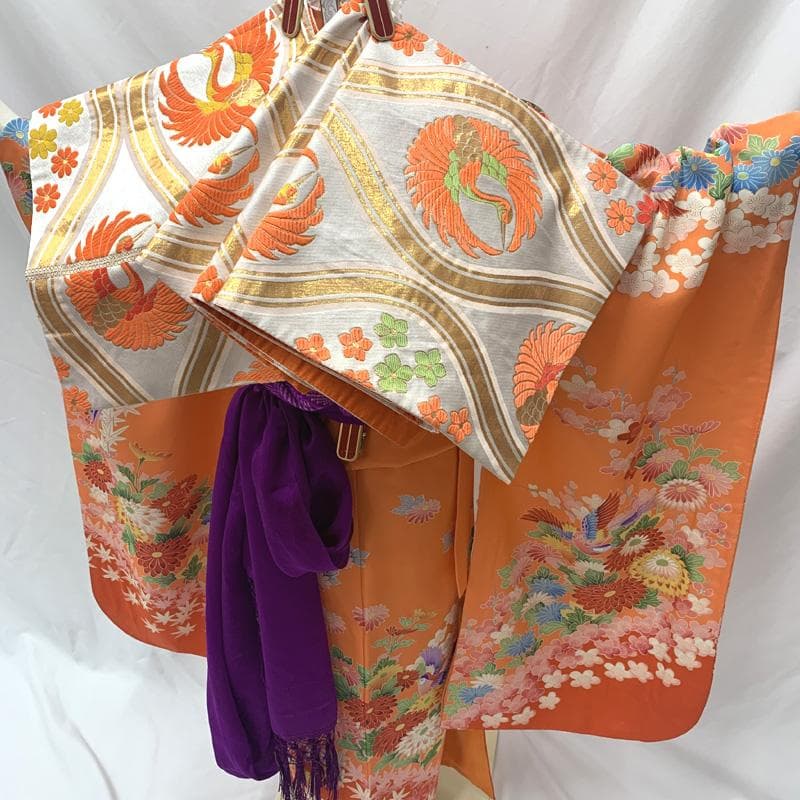 507ag61□七五三 七歳 女児 着物&袋帯 金彩 鳳凰 菊 梅□状態良好