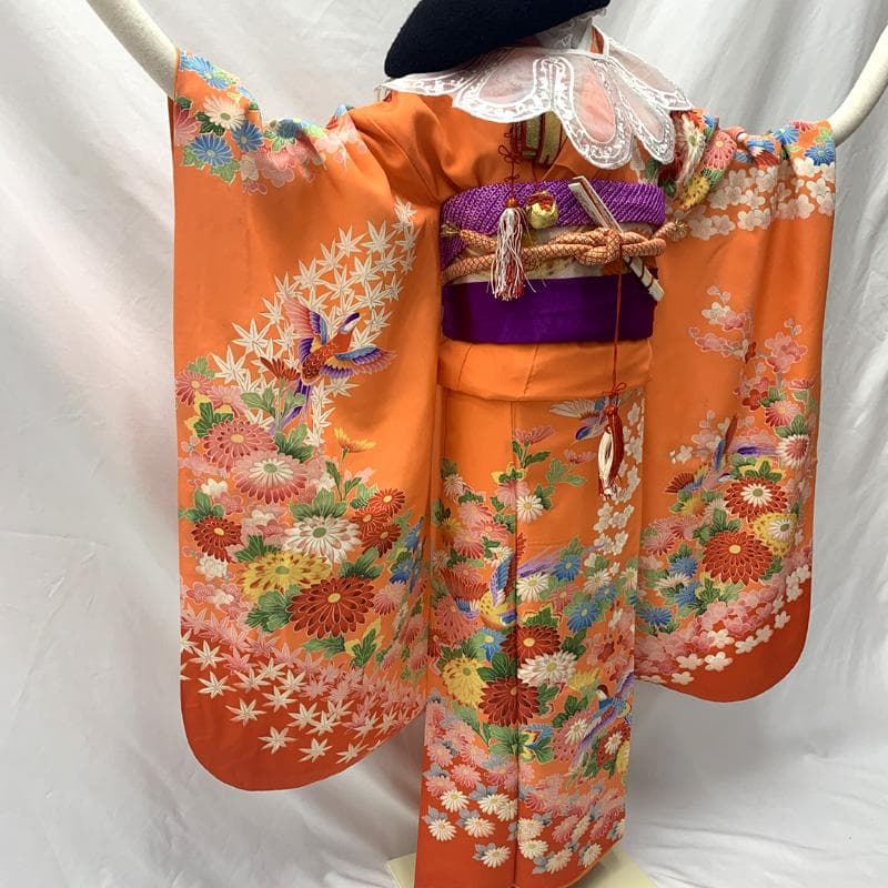 507ag61□七五三 七歳 女児 着物&袋帯 金彩 鳳凰 菊 梅□状態良好