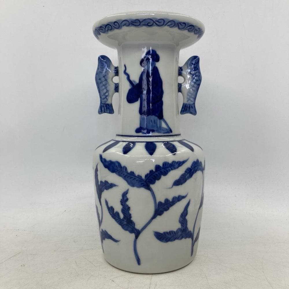 染付 高砂花生 花入 花瓶 大明天啓年製 双魚耳付 箱付き☆K2085Z