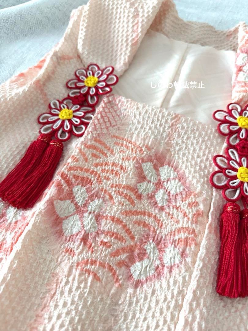 正絹総絞りお被布　巾着セット　亀甲 青海波に花丸紋模様 ベビーピンク×桃