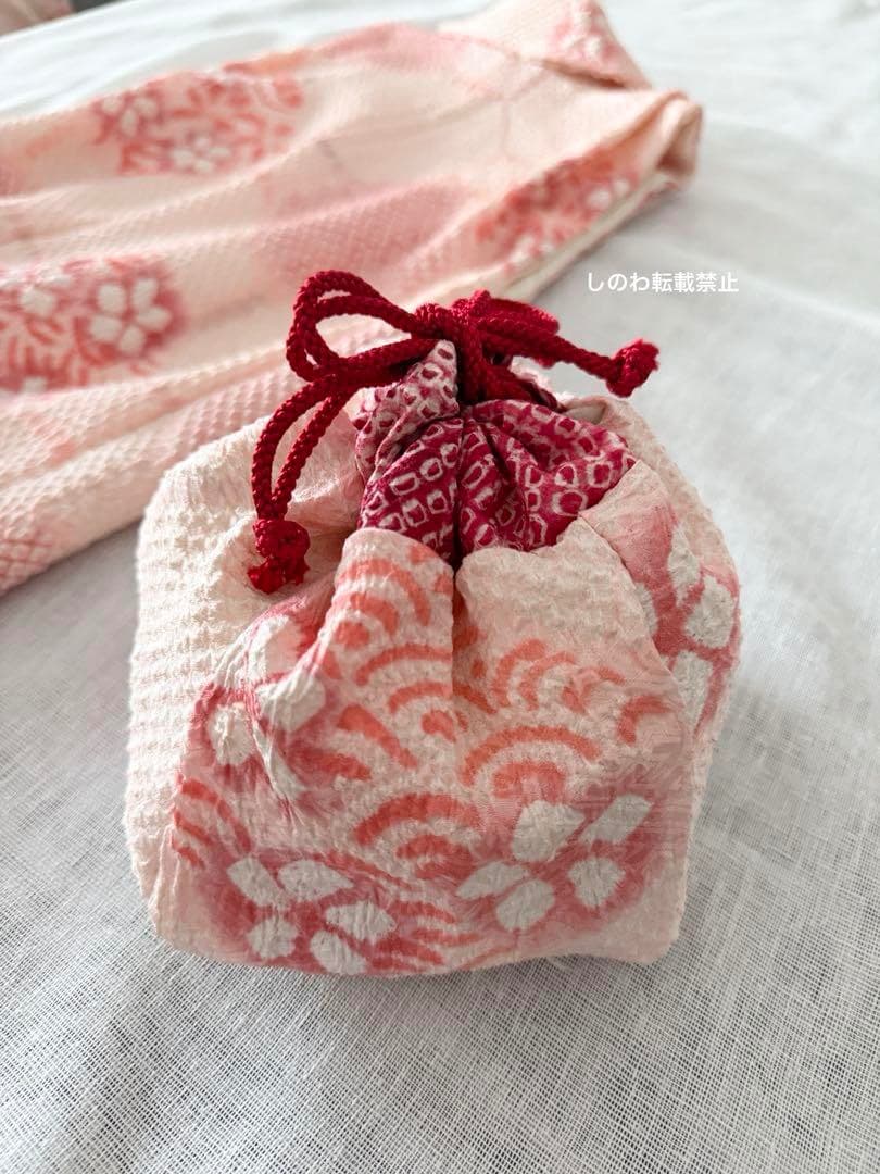 正絹総絞りお被布　巾着セット　亀甲 青海波に花丸紋模様 ベビーピンク×桃