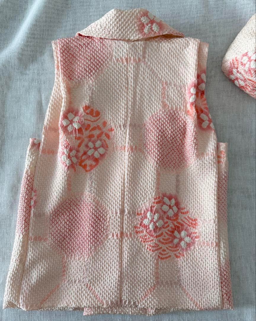 正絹総絞りお被布　巾着セット　亀甲 青海波に花丸紋模様 ベビーピンク×桃