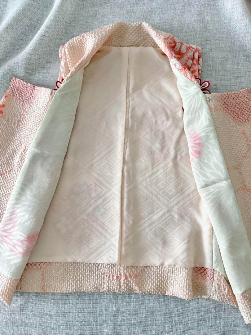 正絹総絞りお被布　巾着セット　亀甲 青海波に花丸紋模様 ベビーピンク×桃