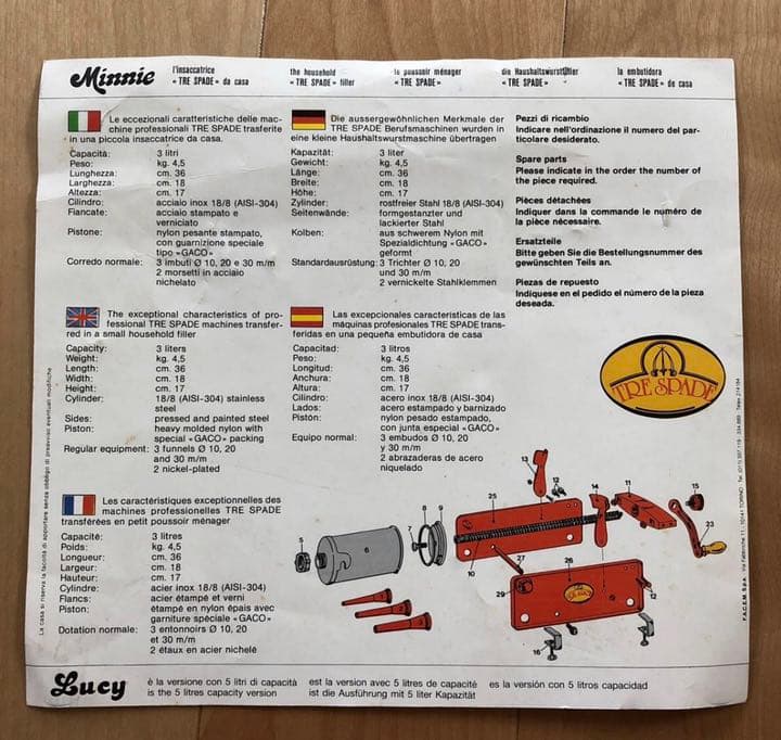 TRE SPADE 腸詰め器手動 ソーセージ充填器 家庭用 業務用