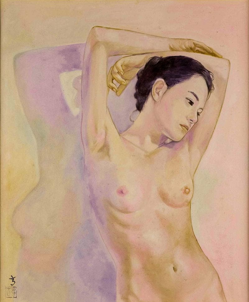 高塚省吾　油彩　肉筆『旭日を浴びる』サイン(印譜)　裏サイン　F8　額　b653