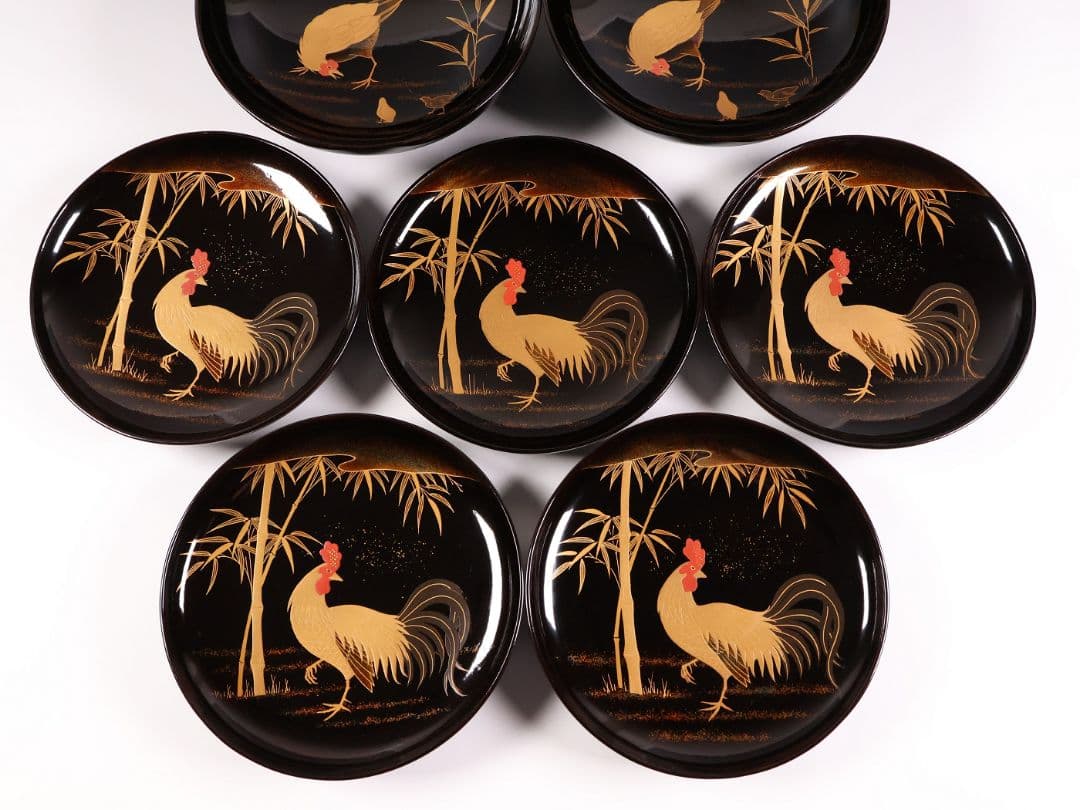 CM354】時代蒔絵椀 竹に鶏金蒔絵 平椀五客 木製 /(検) 輪島塗加賀能登
