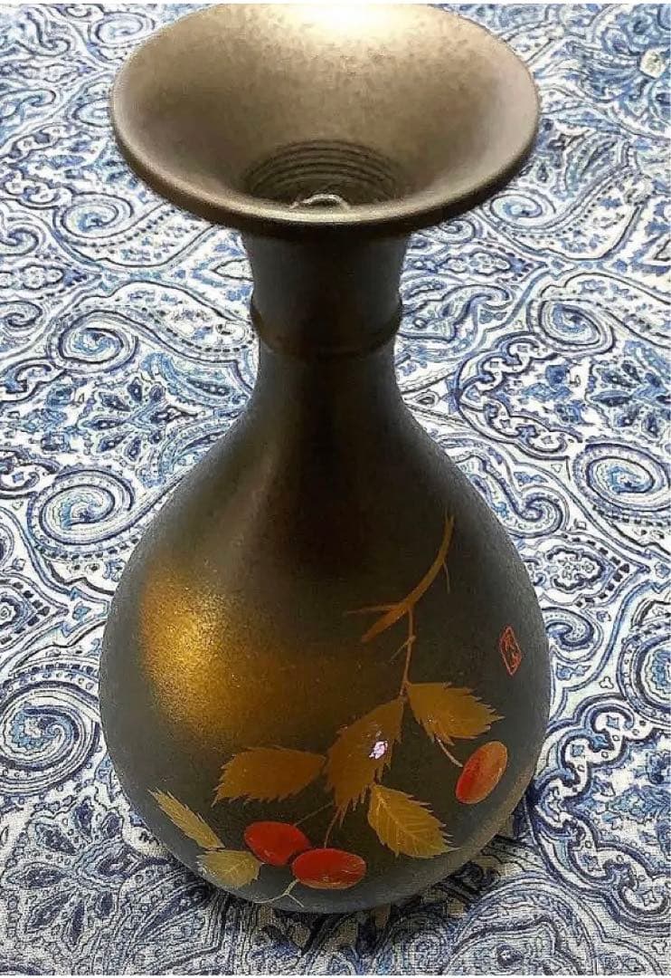 金運爆上げ　風水最高！山形限定品縦15cm最高級特殊朱銅製さくらんぼ花瓶　月山釜