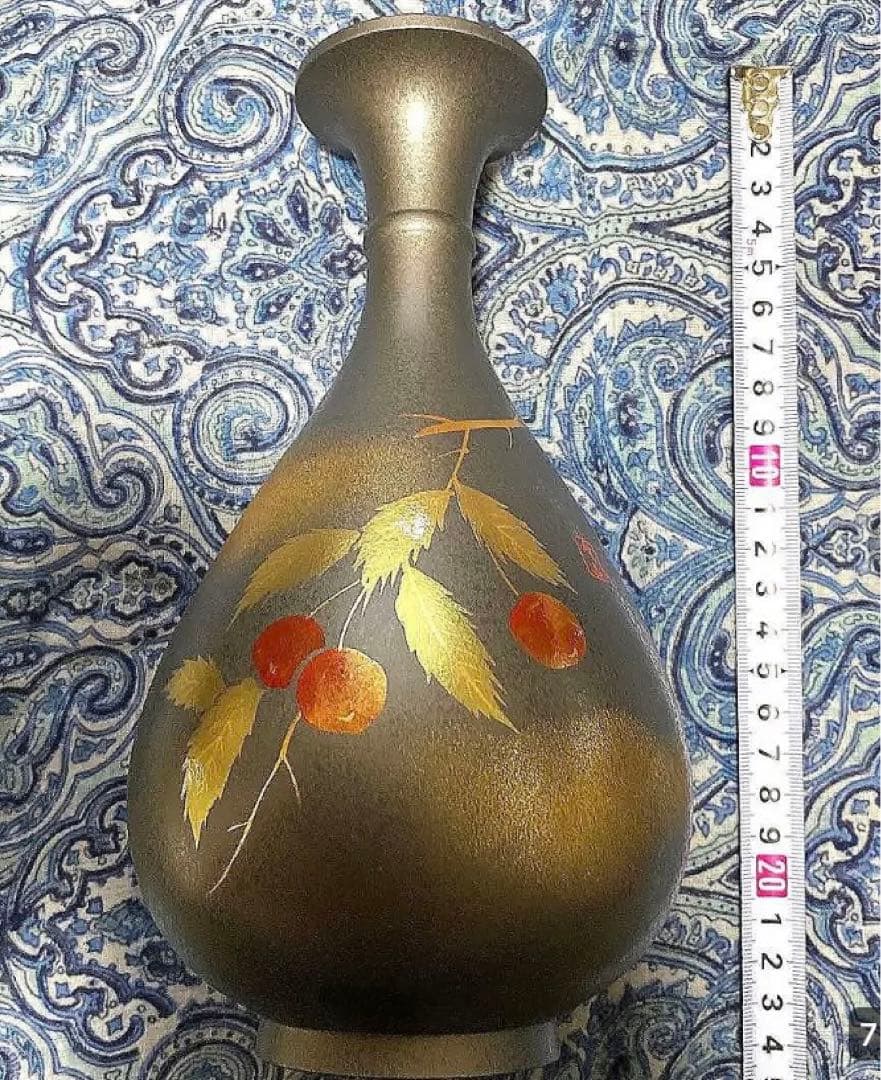 金運爆上げ　風水最高！山形限定品縦15cm最高級特殊朱銅製さくらんぼ花瓶　月山釜