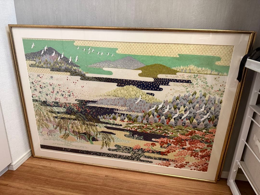 日本画 自然風景 鶴の描写 大きな作品和紙
