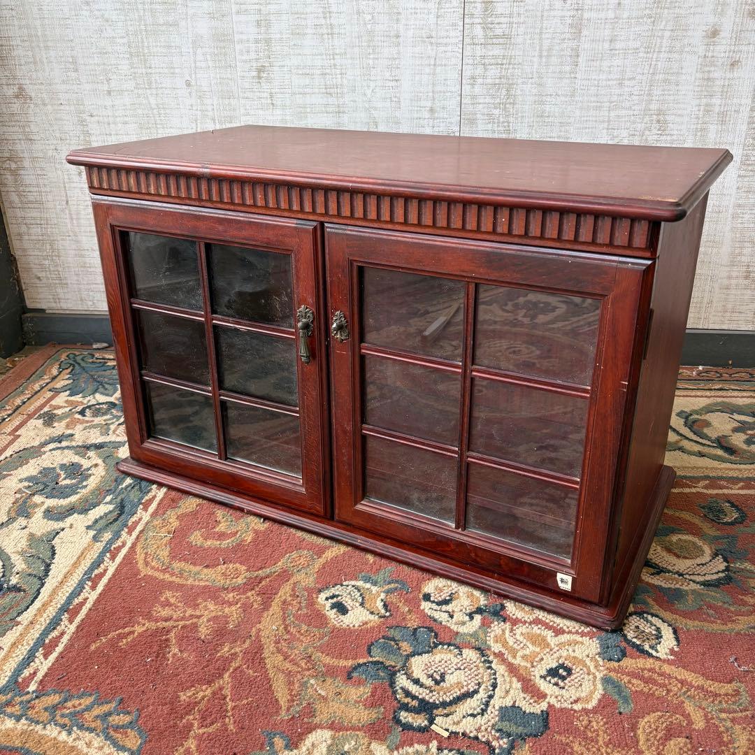 昭和レトロ 四国工芸 窓枠風ガラス扉 木製レコードラック キャビネット ラック