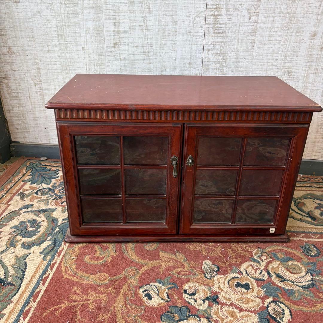 昭和レトロ 四国工芸 窓枠風ガラス扉 木製レコードラック キャビネット ラック